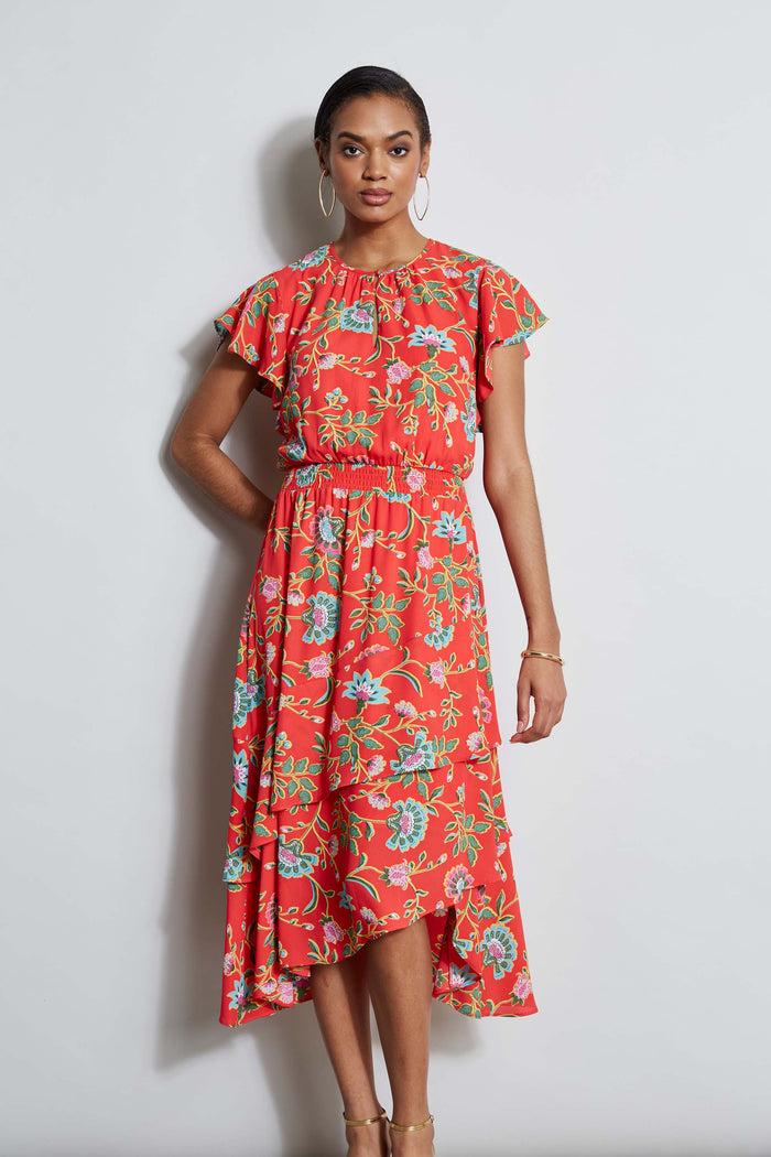 Elie Tahari T-Tahari Hibiscus Garden Print Midi Dress HIBISCUS GARDEN PRINT