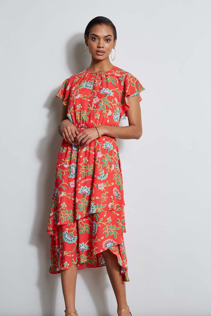 Elie Tahari T-Tahari Hibiscus Garden Print Midi Dress HIBISCUS GARDEN PRINT