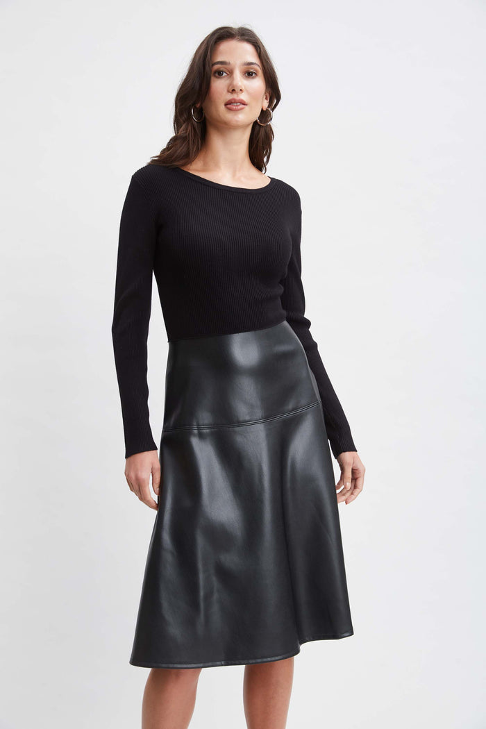 Elie Tahari T-Tahari Knit Vegan Leather Dress BLACK