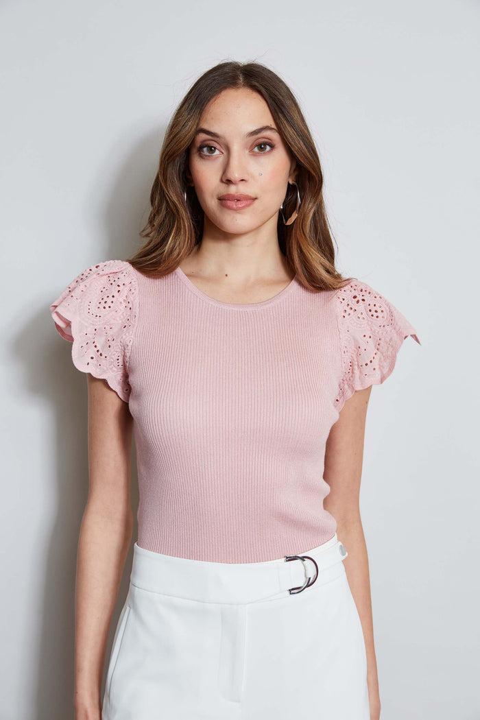 Elie Tahari T-Tahari Lace Sleeve Knit PARADISE ROSE