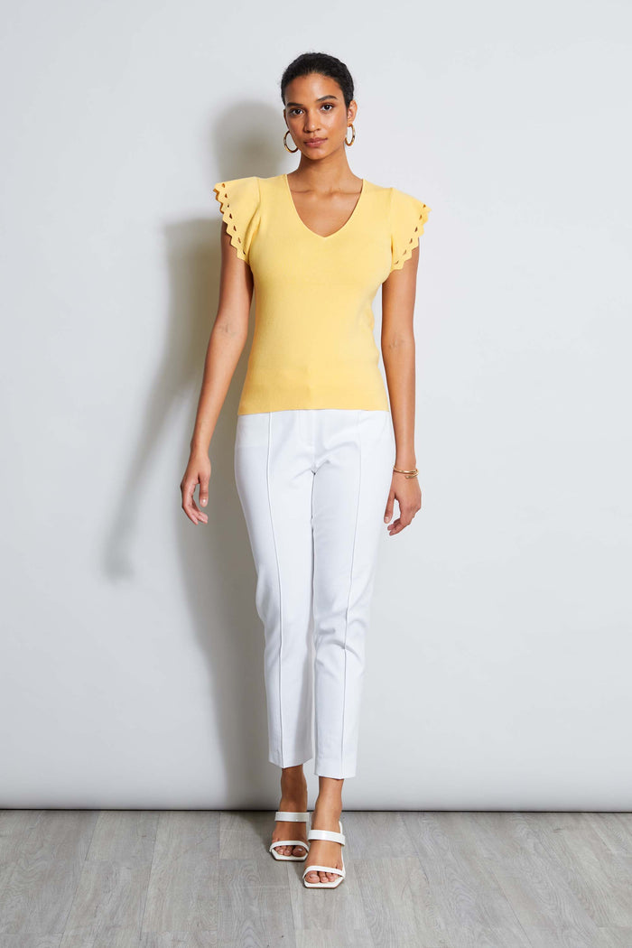 Elie Tahari T-Tahari Laser Cut Flutter Sleeve Sweater SUNRISE