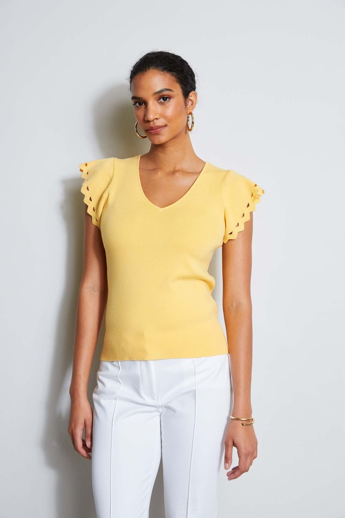 Elie Tahari T-Tahari Laser Cut Flutter Sleeve Sweater SUNRISE
