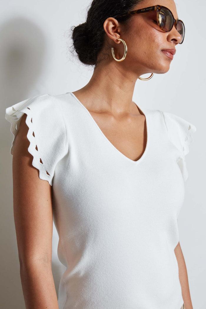 Elie Tahari T-Tahari Laser Cut Flutter Sleeve Sweater WHITE STAR