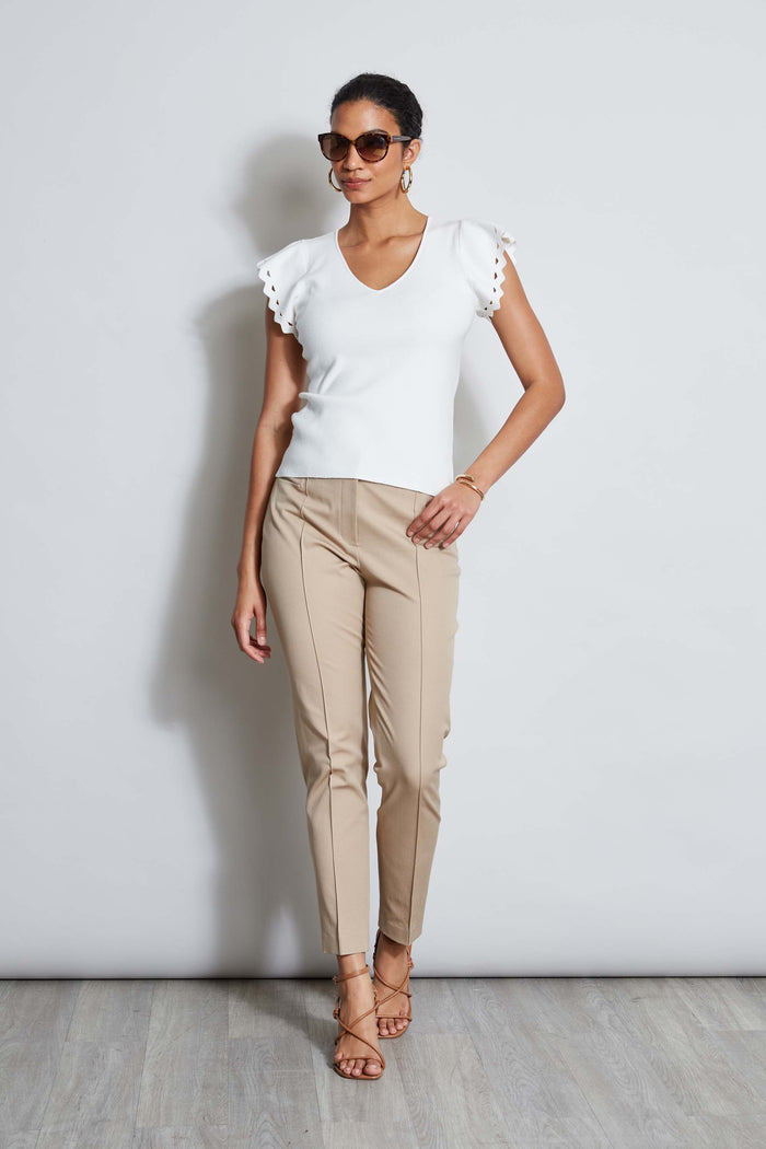 Elie Tahari T-Tahari Laser Cut Flutter Sleeve Sweater WHITE STAR