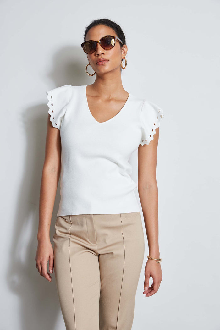 Elie Tahari T-Tahari Laser Cut Flutter Sleeve Sweater WHITE STAR