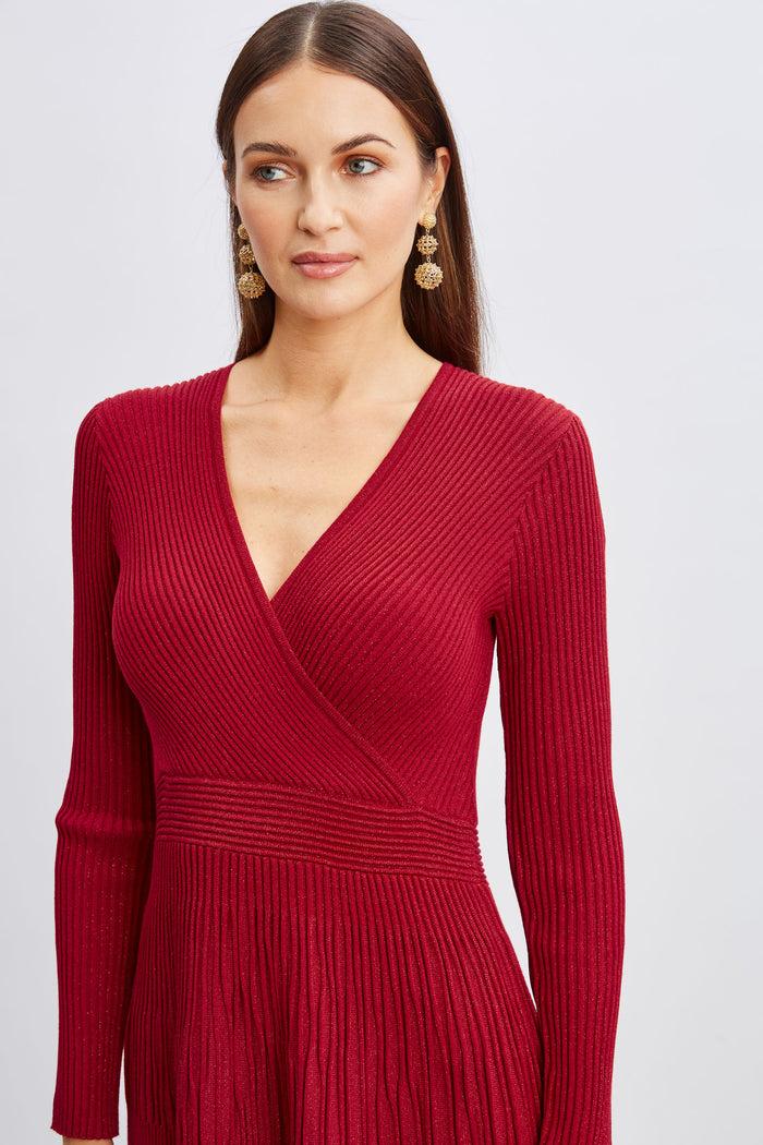 Elie Tahari T-Tahari Lurex Mock Wrap Sweater Dress BAKED CHERRY/BAKED CHERRY LURX
