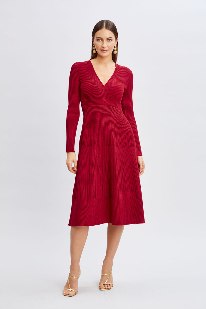 Elie Tahari T-Tahari Lurex Mock Wrap Sweater Dress BAKED CHERRY/BAKED CHERRY LURX
