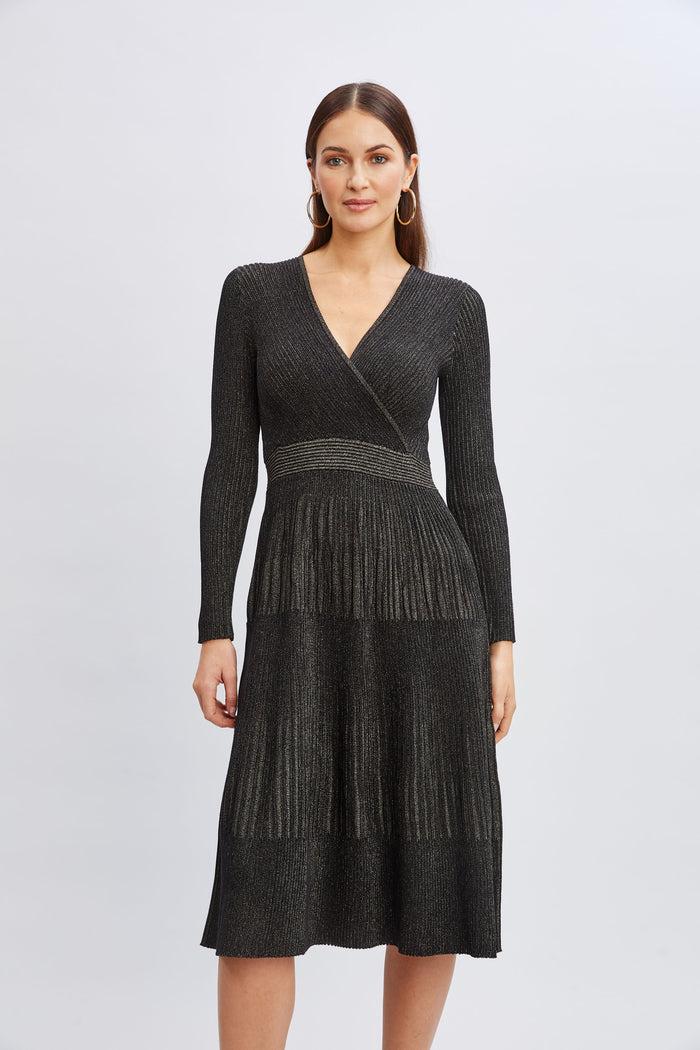 Elie Tahari T-Tahari Lurex Mock Wrap Sweater Dress BLACK/BLACK LUREX