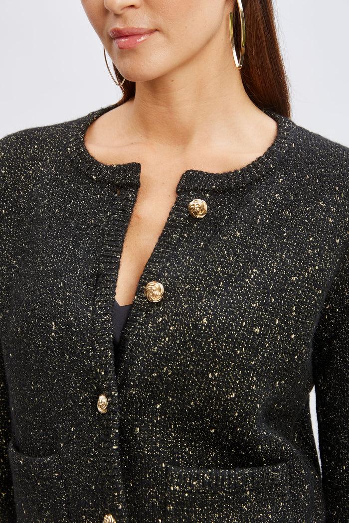 Elie Tahari T-Tahari Metallic Cardigan Sweater BLACK/GOLD LUREX