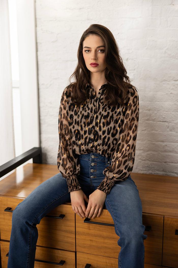 Elie Tahari T-Tahari Metallic Kissed Leopard Shirt LEOPARD PRINT W/GOLD CLIP DOT