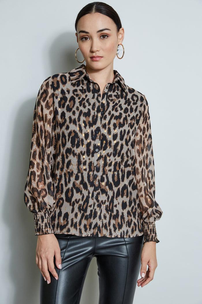 Elie Tahari T-Tahari Metallic Kissed Leopard Shirt LEOPARD PRINT W/GOLD CLIP DOT