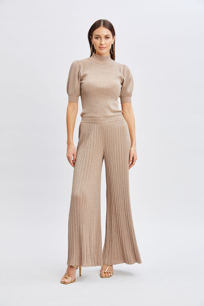 Elie Tahari T-Tahari Metallic Wide Leg Pant SATIN SHIMMER LUREX