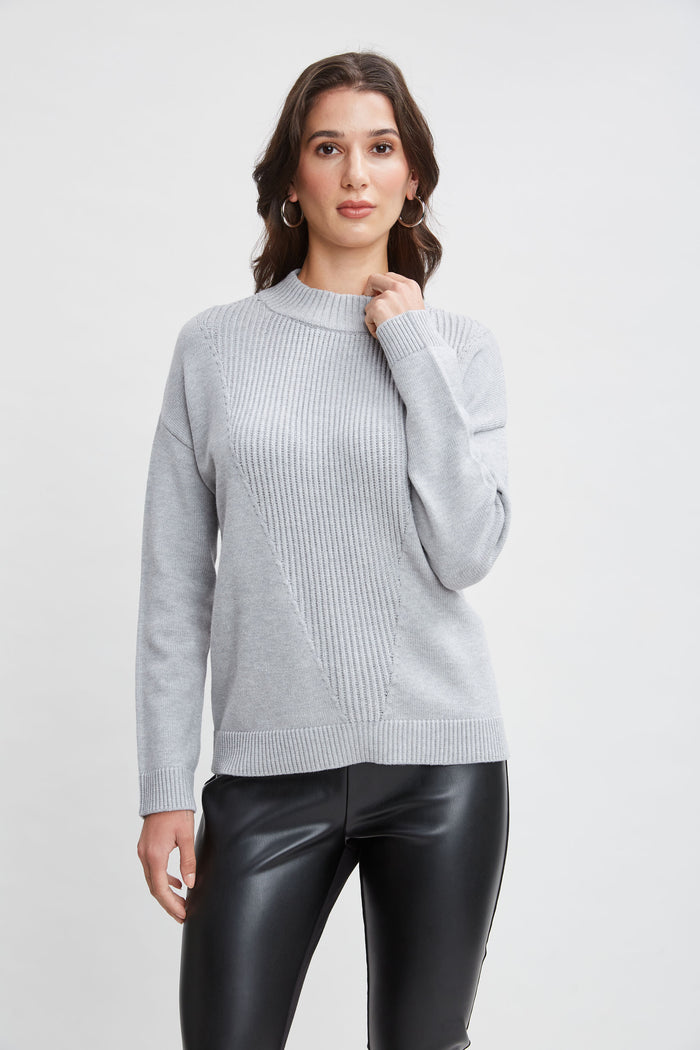 Elie Tahari T-Tahari Mock Neck Rib Sweater MEDIUM GREY HEATHER