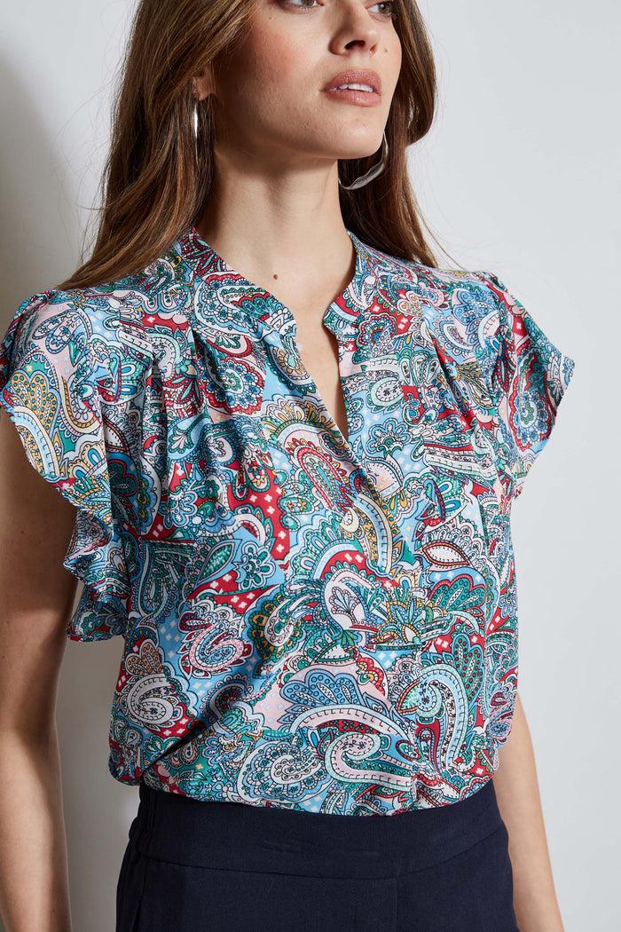 Elie Tahari T-Tahari Paisley Flutter Sleeve Shirt ROYAL PAISLEY PRINT