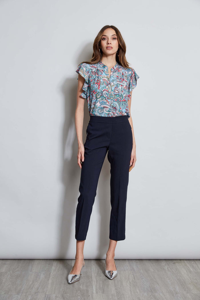 Elie Tahari T-Tahari Paisley Flutter Sleeve Shirt ROYAL PAISLEY PRINT