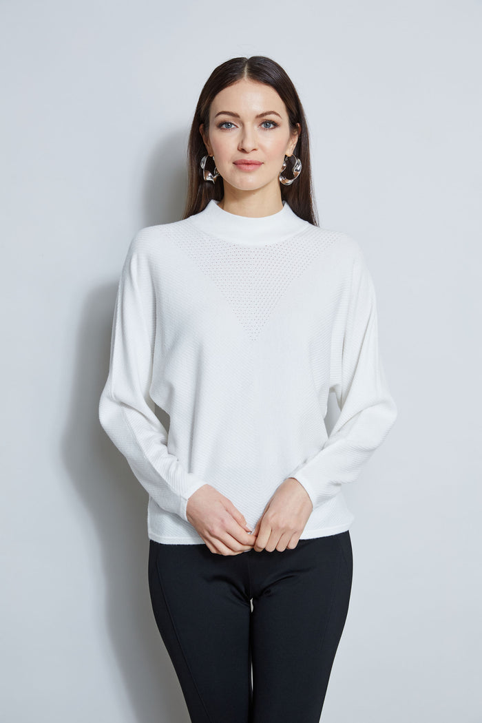 Elie Tahari T-Tahari Perforated Mock Neck Sweater WHITE STAR