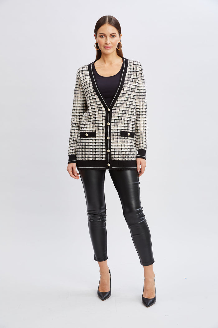 Elie Tahari T-Tahari Plaid Cardigan BLK/WT STR/SF TN HTR/SF TN HTR