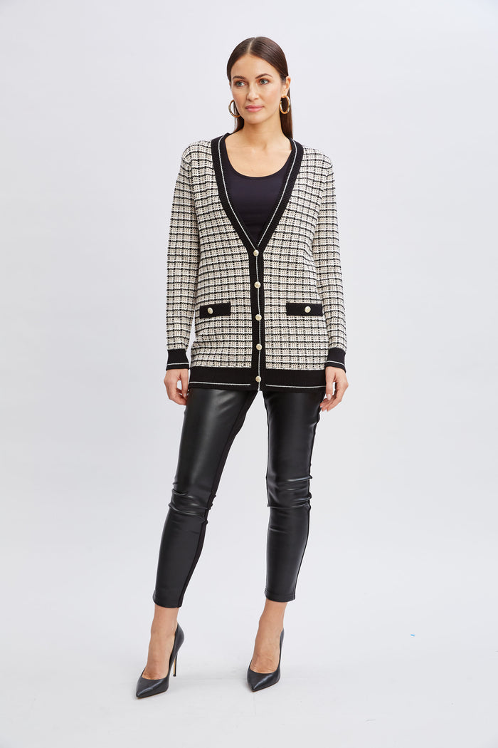 Elie Tahari T-Tahari Plaid Cardigan BLK/WT STR/SF TN HTR/SF TN HTR