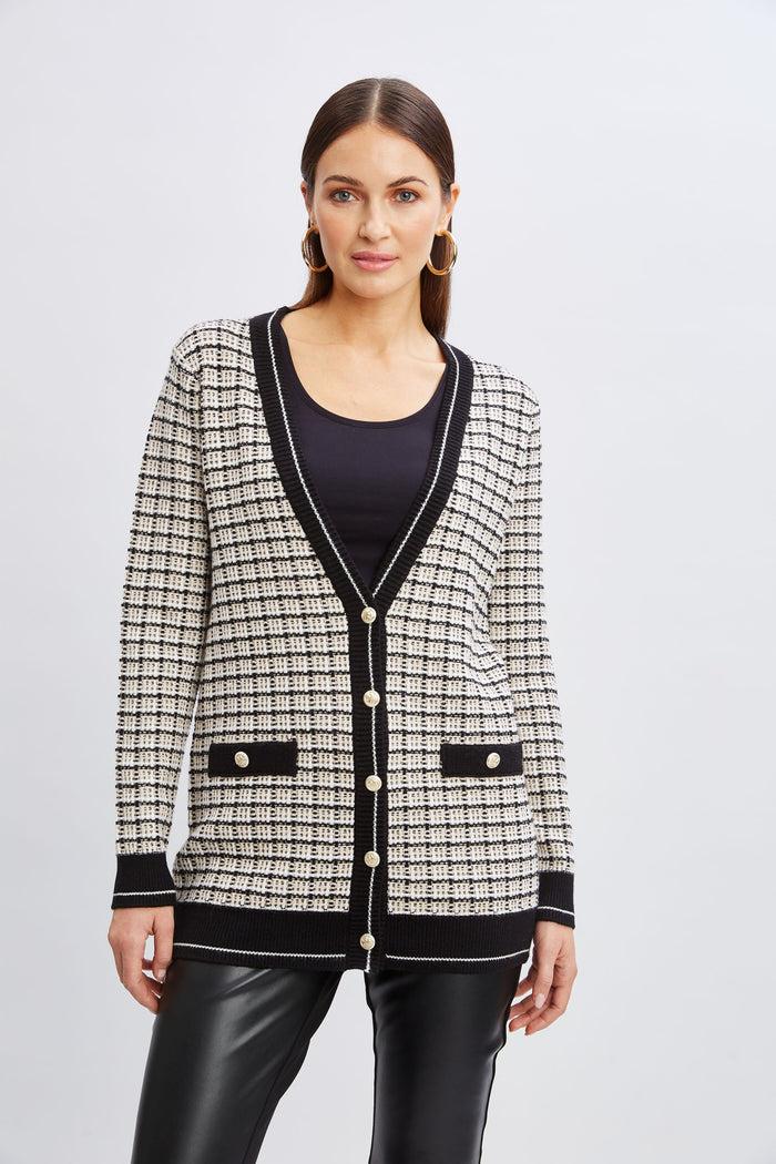 Elie Tahari T-Tahari Plaid Cardigan BLK/WT STR/SF TN HTR/SF TN HTR