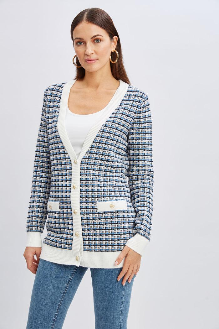 Elie Tahari T-Tahari Plaid Cardigan WHT STR/BLK/BAY BLU/SFT TN HTR