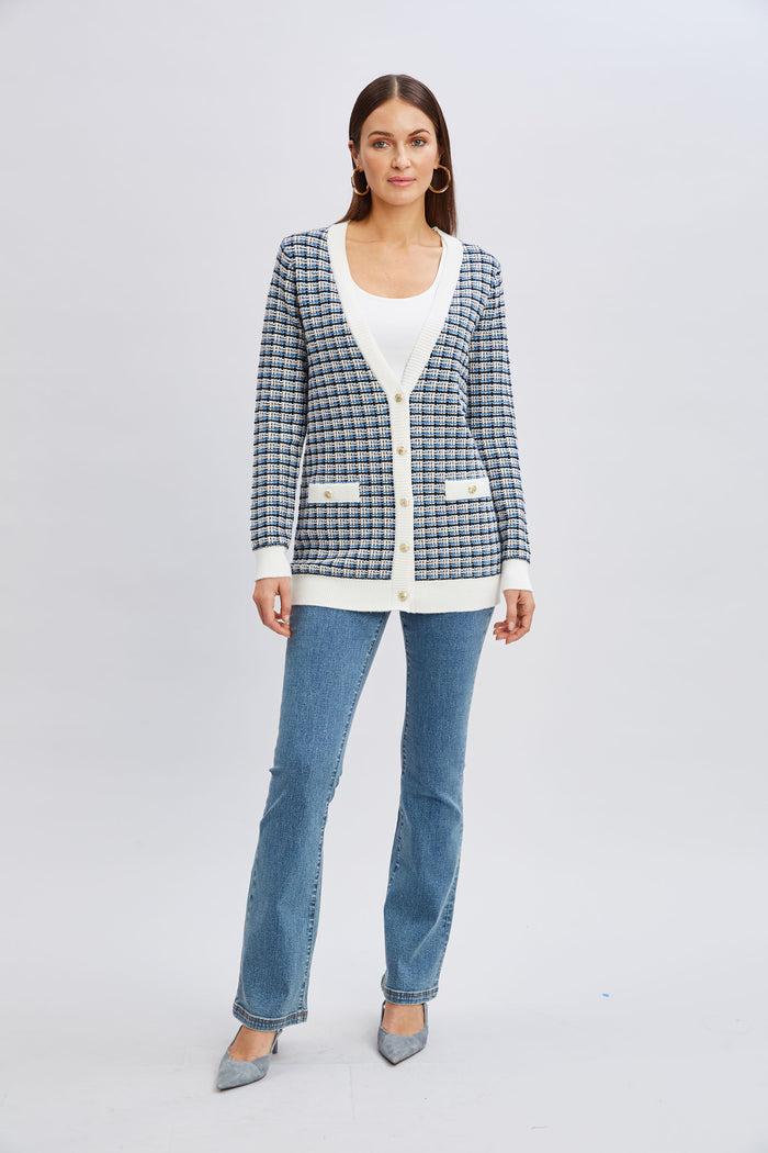 Elie Tahari T-Tahari Plaid Cardigan WHT STR/BLK/BAY BLU/SFT TN HTR