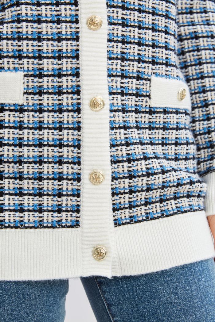 Elie Tahari T-Tahari Plaid Cardigan WHT STR/BLK/BAY BLU/SFT TN HTR