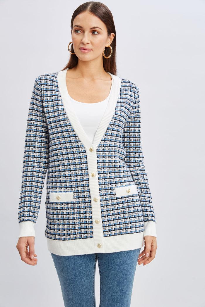 Elie Tahari T-Tahari Plaid Cardigan WHT STR/BLK/BAY BLU/SFT TN HTR