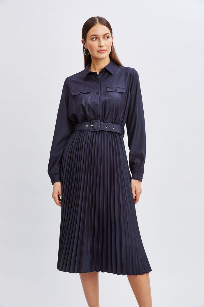 Elie Tahari T-Tahari Pleated Denim Shirt Dress Denim