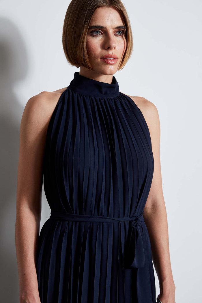 Elie Tahari T-Tahari Pleated Halter Midi Dress NAVY