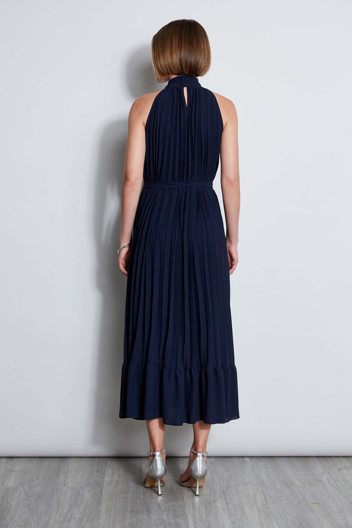 Elie Tahari T-Tahari Pleated Halter Midi Dress NAVY