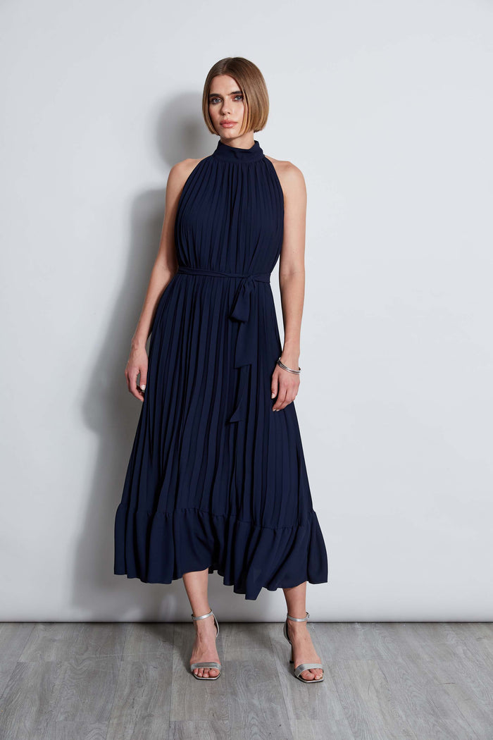 Elie Tahari T-Tahari Pleated Halter Midi Dress NAVY