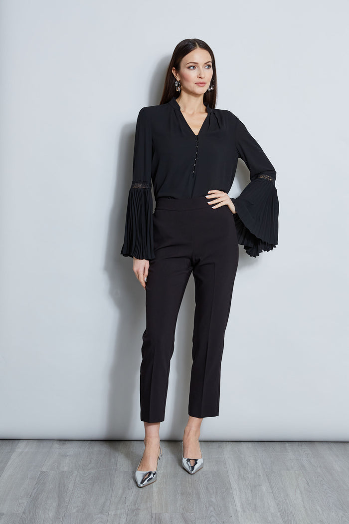 Elie Tahari T-Tahari Pleated Lace Sleeve Shirt BLACK/BLACK