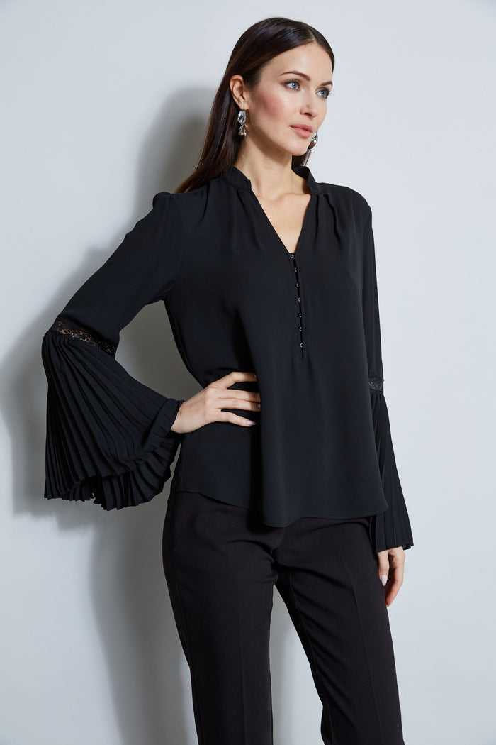 Elie Tahari T-Tahari Pleated Lace Sleeve Shirt BLACK/BLACK