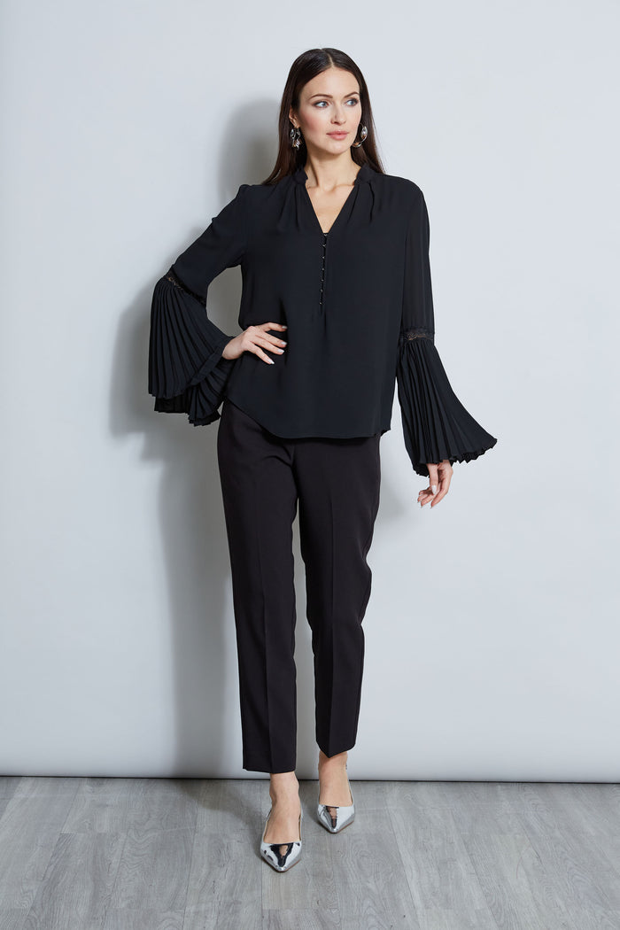 Elie Tahari T-Tahari Pleated Lace Sleeve Shirt BLACK/BLACK