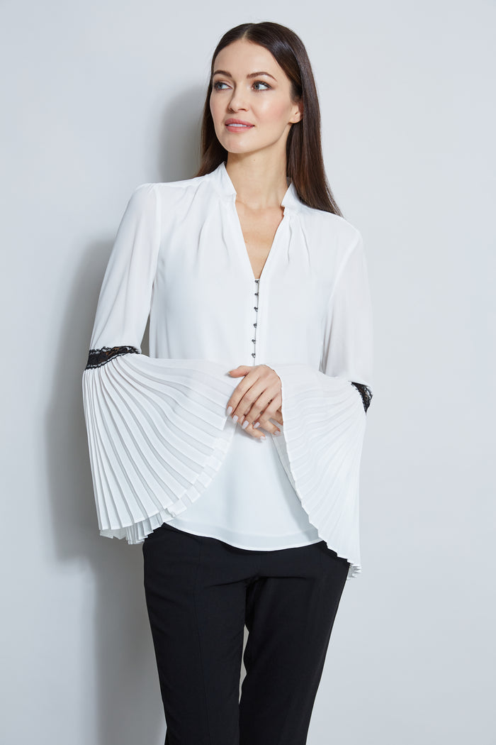 Elie Tahari T-Tahari Pleated Lace Sleeve Shirt WHITE STAR/BLACK