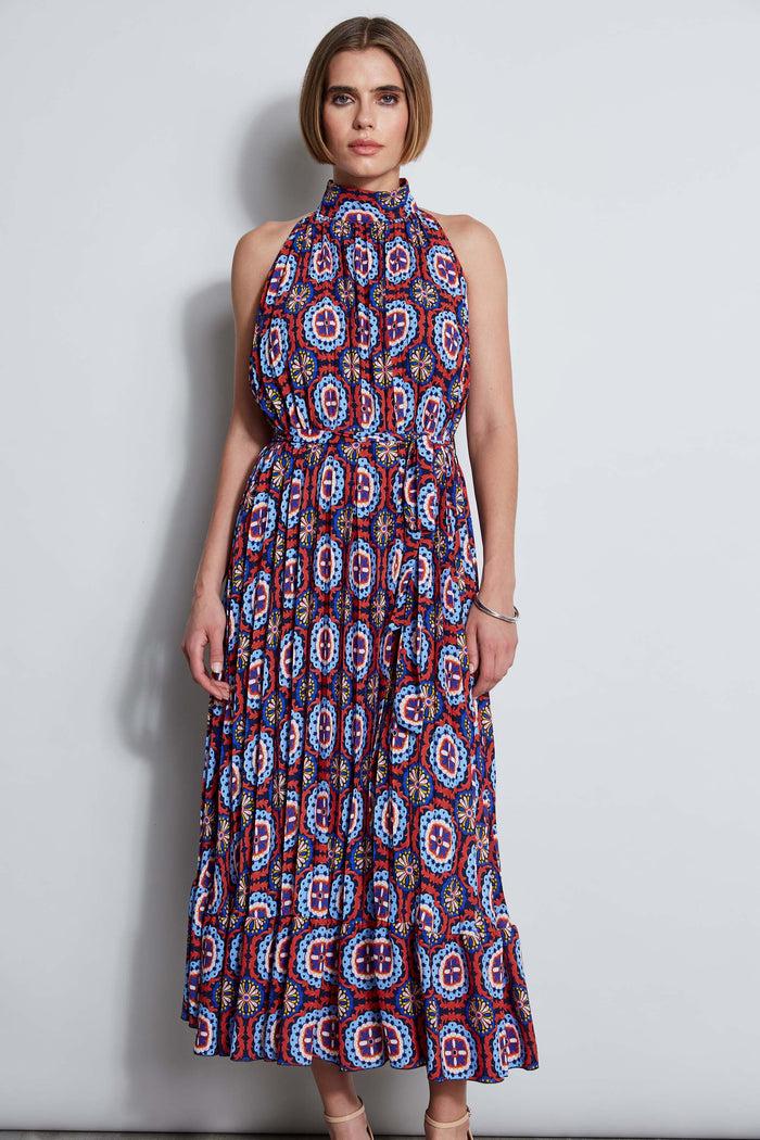 Elie Tahari T-Tahari Pleated Print Halter Midi Dress GUAVA TILE PRINT