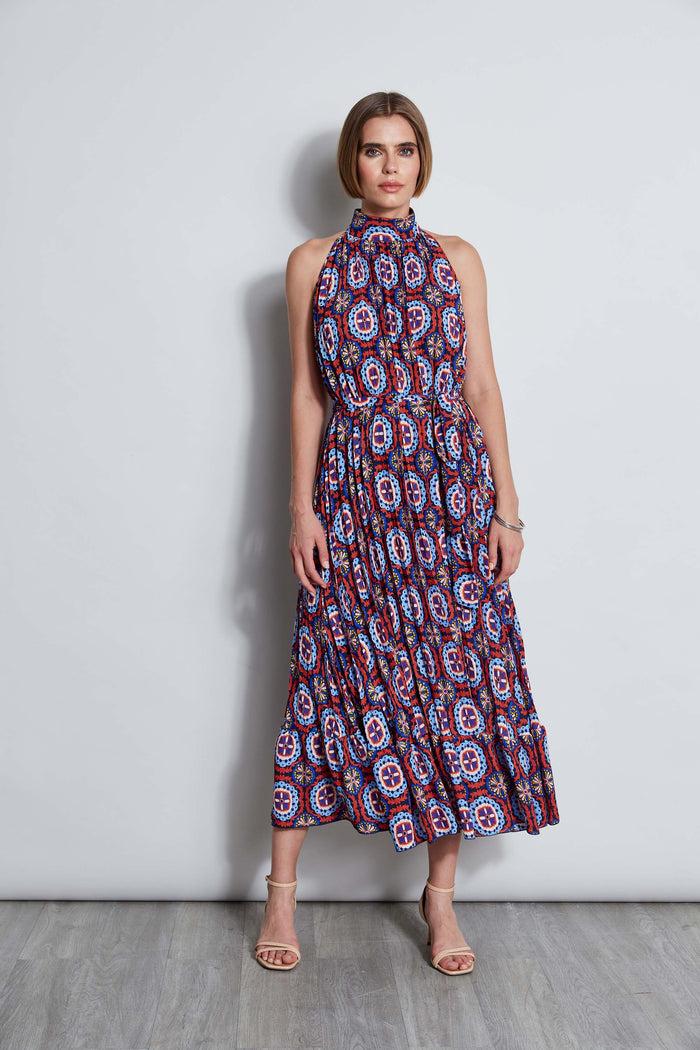 Elie Tahari T-Tahari Pleated Print Halter Midi Dress GUAVA TILE PRINT