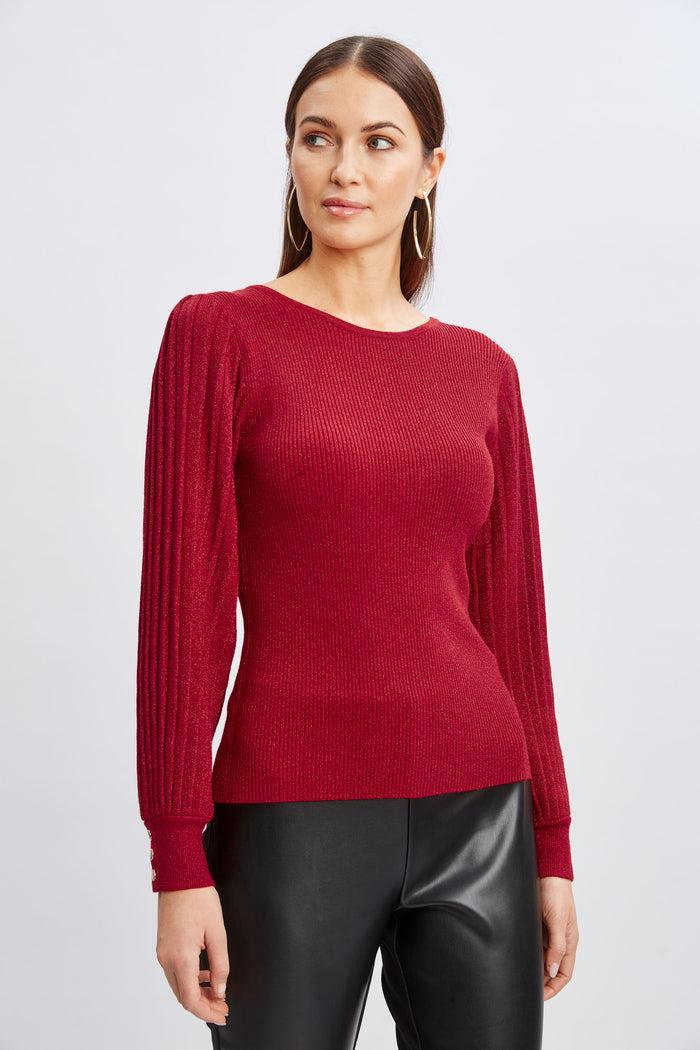 Elie Tahari T-Tahari Pleated Sleeve Metallic Sweater BAKED CHERRY/BAKED CHERRY LURX