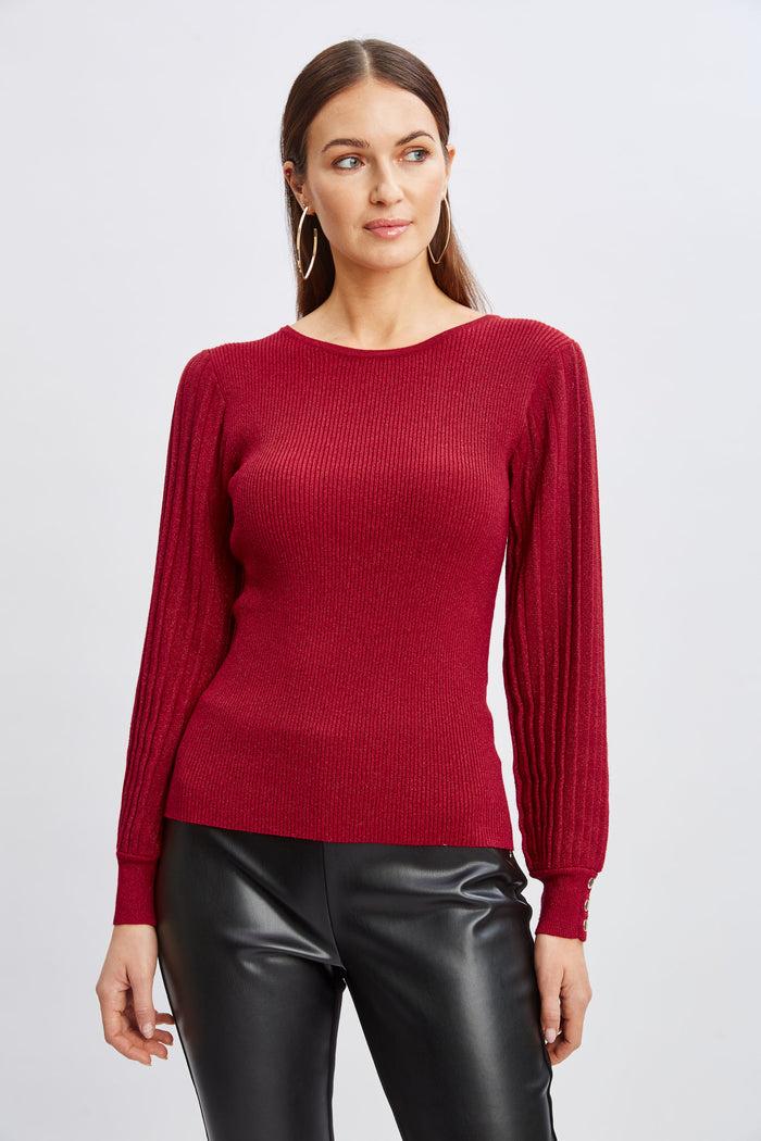 Elie Tahari T-Tahari Pleated Sleeve Metallic Sweater BAKED CHERRY/BAKED CHERRY LURX