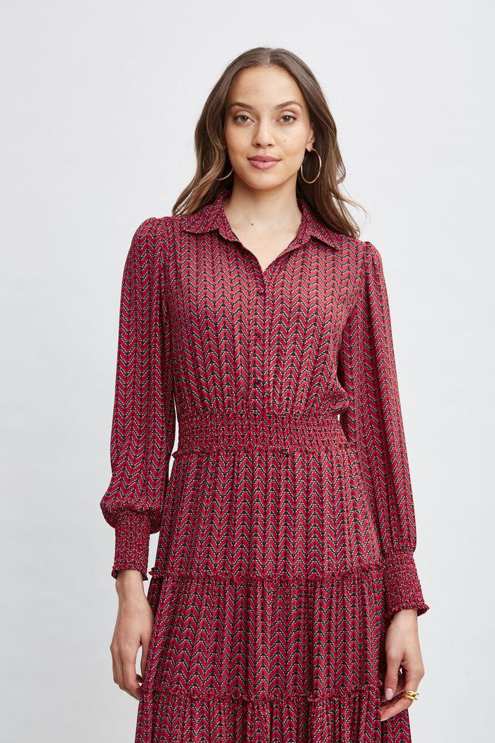 Elie Tahari T-Tahari Printed Shirt Dress CAMILLA CHEVRON DOT