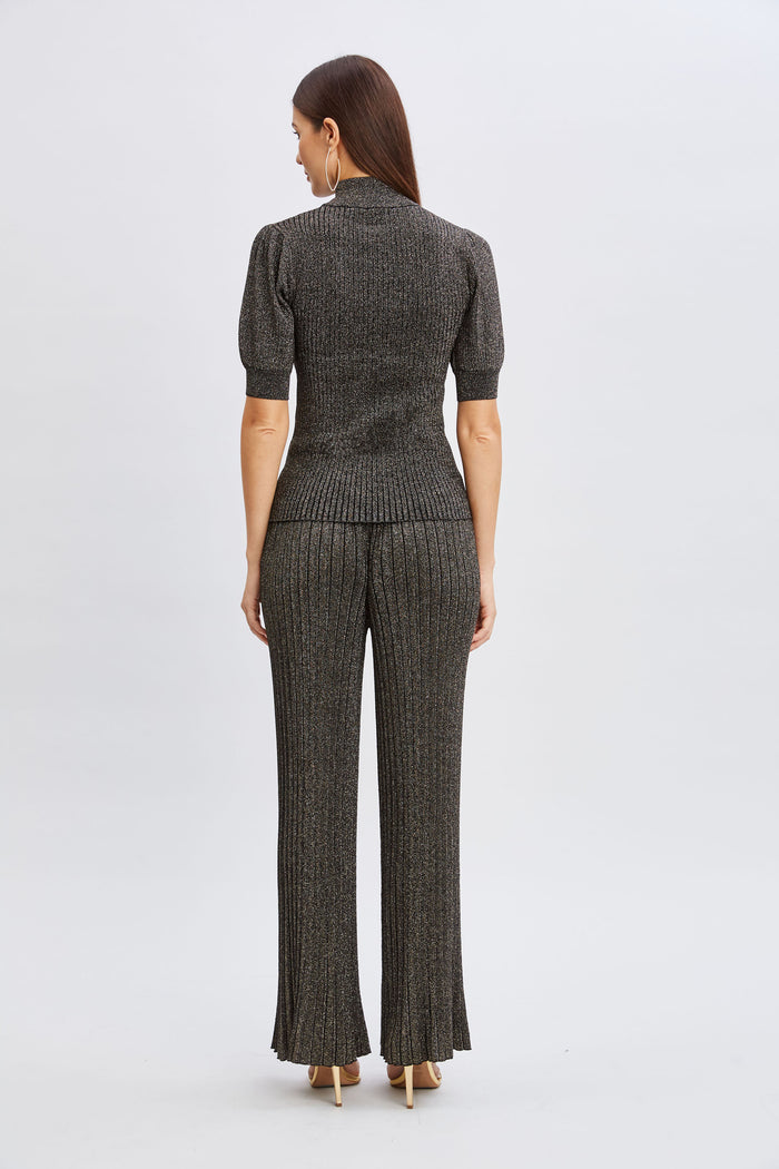 Elie Tahari T-Tahari Puff Sleeve Metallic Sweater BLACK/GOLD LUREX