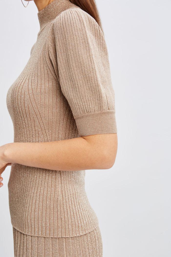 Elie Tahari T-Tahari Puff Sleeve Metallic Sweater SATIN SHIMMER LUREX