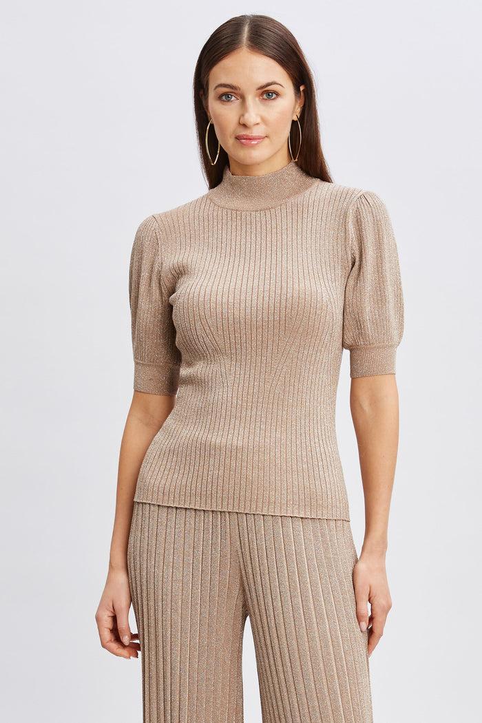 Elie Tahari T-Tahari Puff Sleeve Metallic Sweater SATIN SHIMMER LUREX