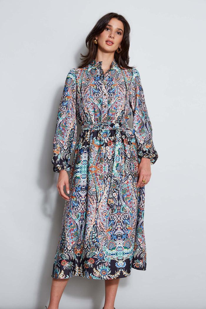 Elie Tahari T-Tahari Royal Garden Satin Shirt Dress ROYAL GARDEN