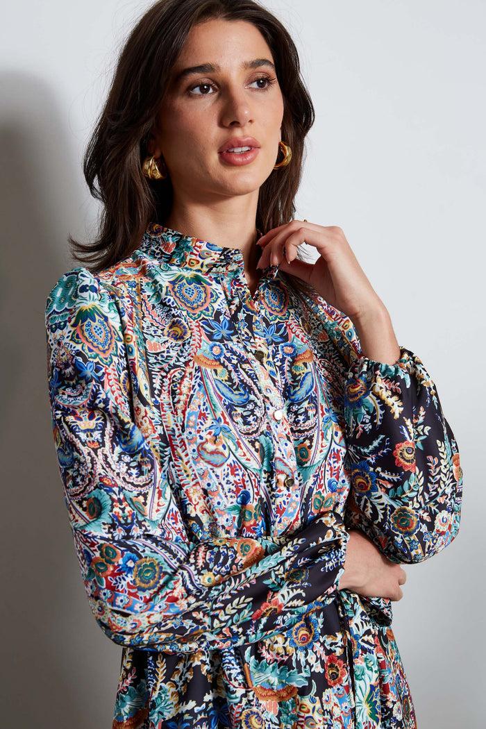 Elie Tahari T-Tahari Royal Garden Satin Shirt Dress ROYAL GARDEN