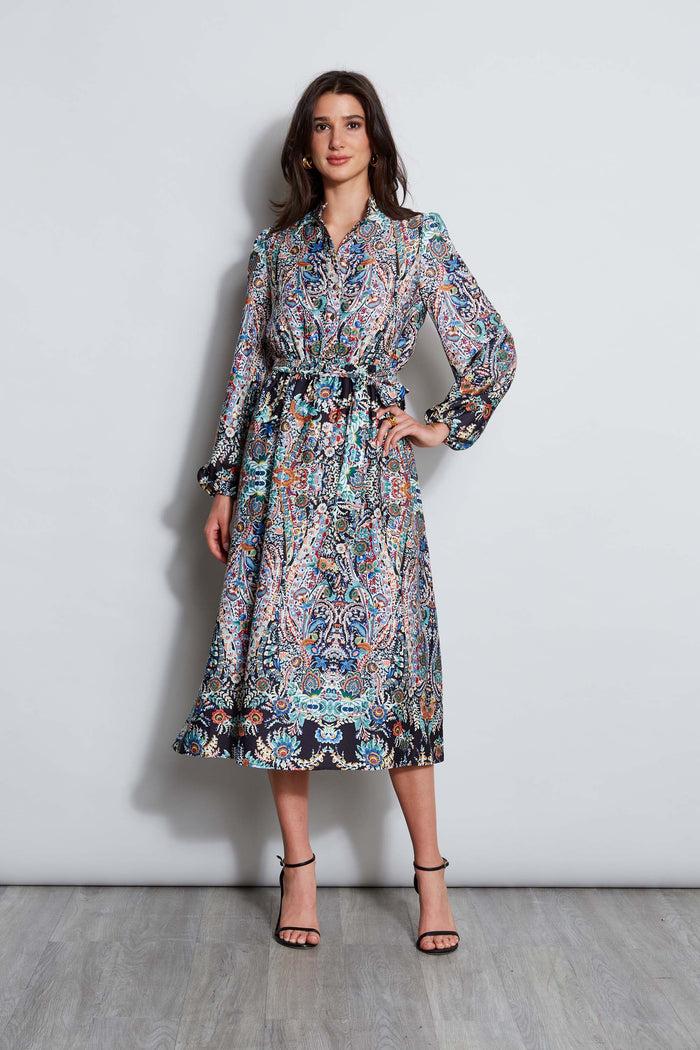 Elie Tahari T-Tahari Royal Garden Satin Shirt Dress ROYAL GARDEN