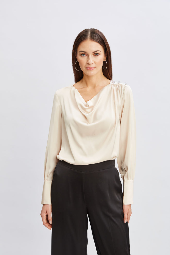 Elie Tahari T-Tahari Satin Cowl Jewel Top CHAMPAGNE
