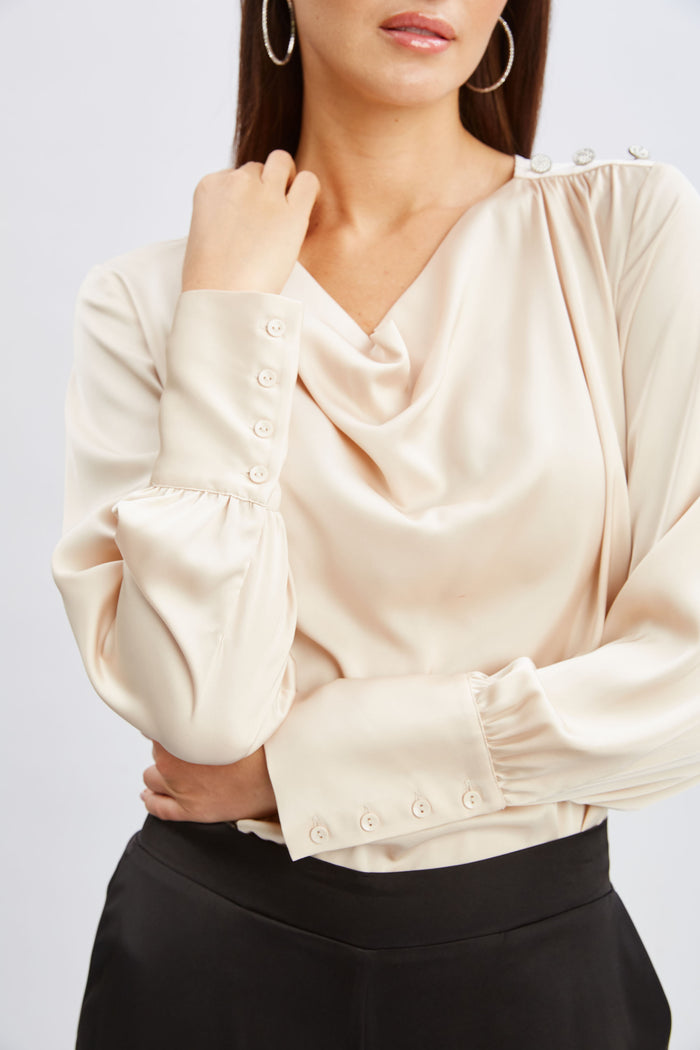 Elie Tahari T-Tahari Satin Cowl Jewel Top CHAMPAGNE