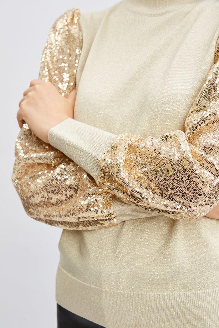 Elie Tahari T-Tahari Sequin Sleeve Mock Neck Sweater SATIN SHIMMER LUREX