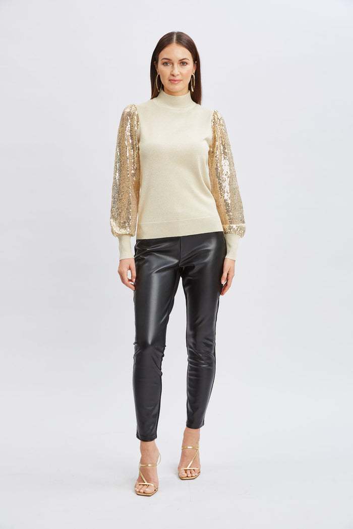 Elie Tahari T-Tahari Sequin Sleeve Mock Neck Sweater SATIN SHIMMER LUREX
